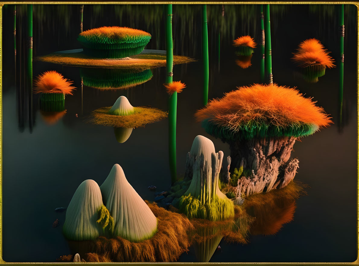 Vibrant grass islands and mushroom-like structures in surreal landscape