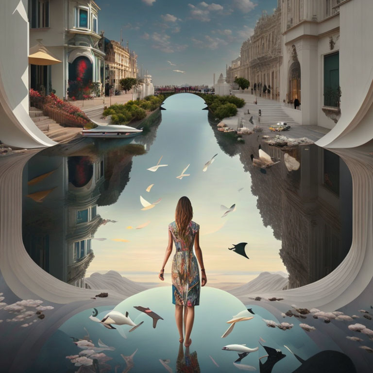 Surreal image of woman walking towards bending cityscape and flying birds