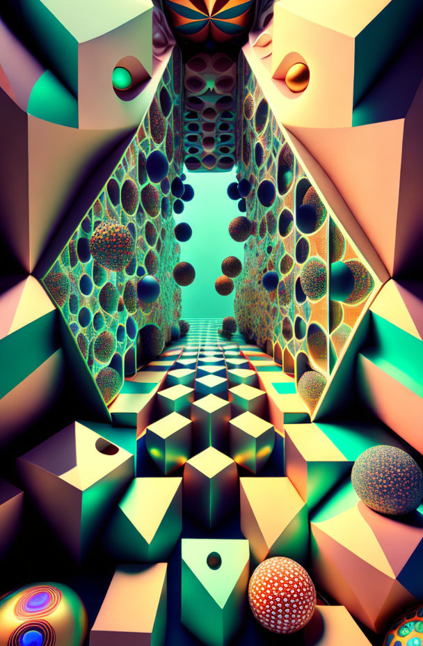 Colorful 3D hallway with geometric shapes and checkerboard floor