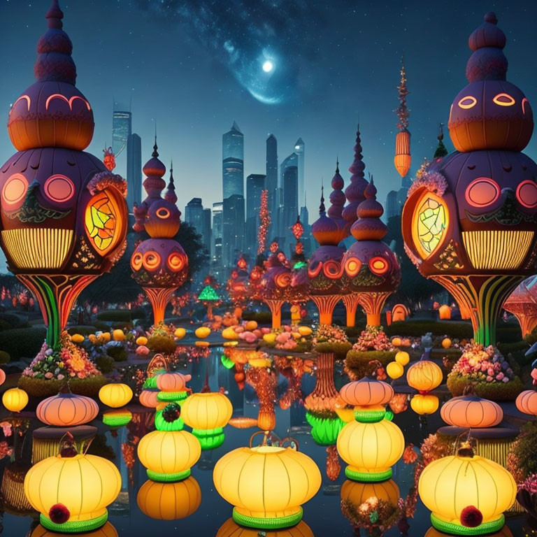 Colorful Lanterns and Lights Reflecting in Water at Night Cityscape