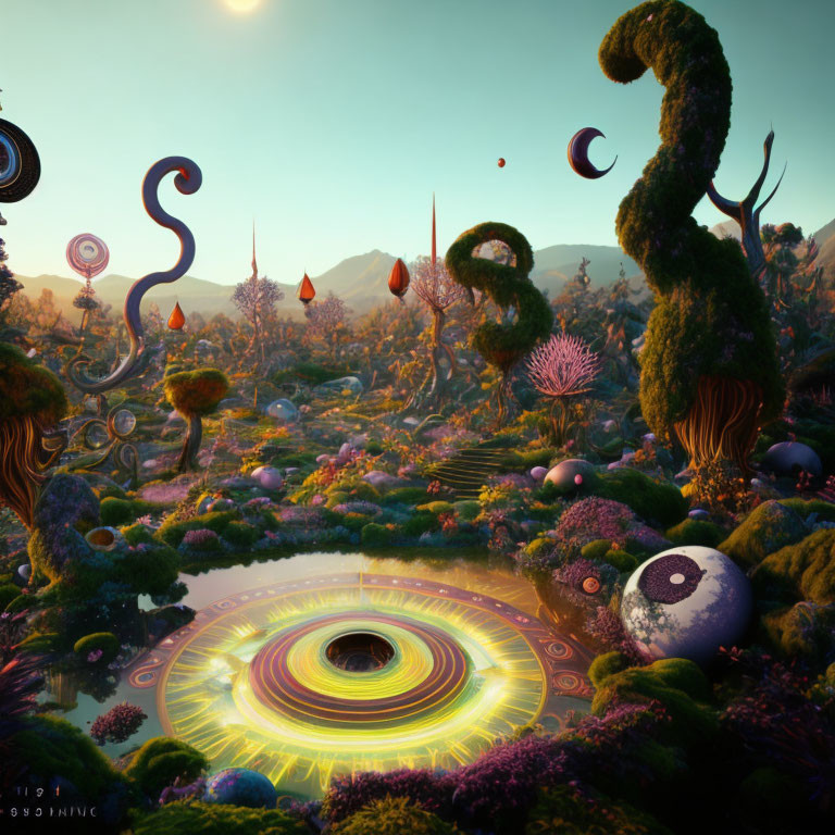 Surreal landscape with vibrant flora, luminous pond, moons, and peculiar trees