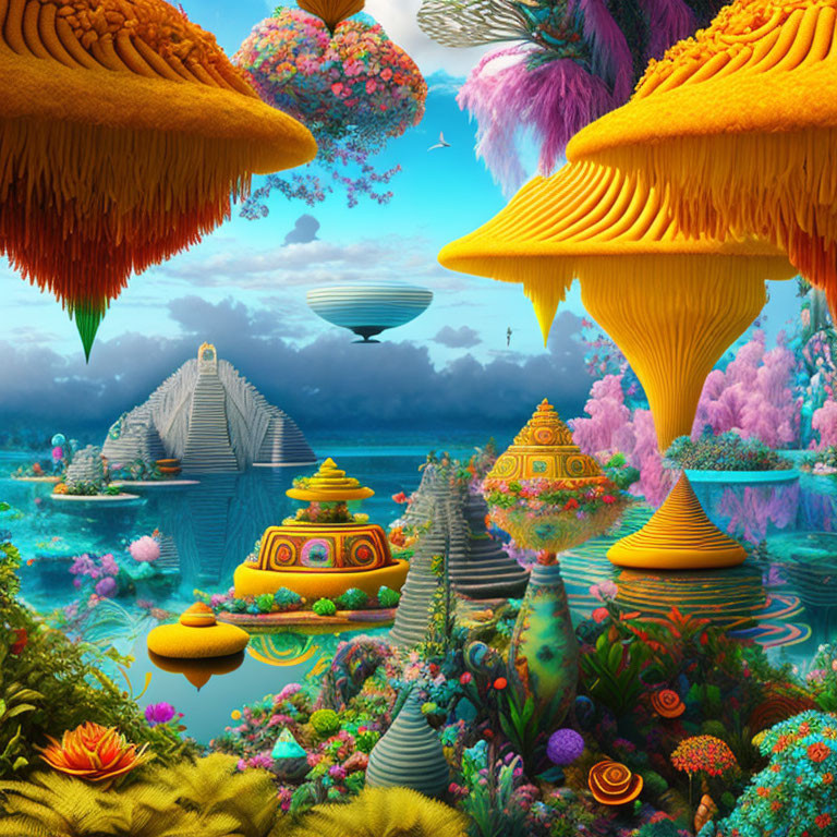 Fantastical Landscape with Floating Islands and Colorful Flora