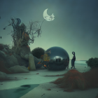 Person on Alien Shore at Twilight with Large Moon and Glowing Cave