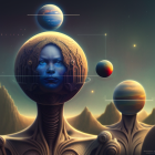 Cosmic entities with star-speckled skin and planet headdresses in surreal landscape