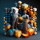 Classical statues with geometric shapes and plant in blue-orange gradient