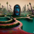 Teal and Pink Surreal Landscape with Serene Female Face and Floating Orbs