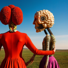 Colorful Figures with Brain and Flower Heads Against Sky