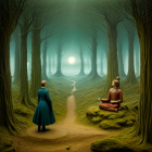 Individuals in mystical forest with moon and meditative pose.