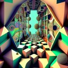 Colorful 3D hallway with geometric shapes and checkerboard floor