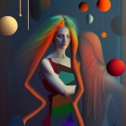 Colorful futuristic outfit woman with crossed arms in dreamlike setting