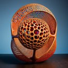 Digital artwork: Brain-like structure in ornate sphere on blue background