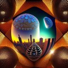 Surreal digital artwork: orb frames fantasy landscape, tree, cityscape, aurora, star