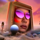 Colorful surreal landscape featuring giant woman's face, rockets, orbs, alien terrain, and pink sky