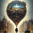 Person observing floating city in hot air balloon over vintage cityscape.