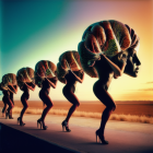 Surreal desert scene: figures with brain-shaped heads and female features on stiletto heels