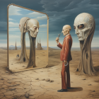 Surreal desert scene: figure in brown cloak before mirror reflecting skull-headed figure