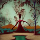 Vibrant surreal landscape with whimsical tree and floating orbs