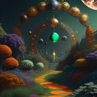 Colorful Fantasy Landscape with Whimsical Trees, Moon, and Portal