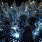 Futuristic city night scene with people in tech suits on glowing grid pavement