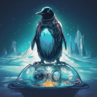 Penguin on Glowing Crystal Podium in Snowy Landscape