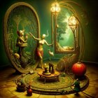 Whimsical room with ornate mirror and playful creatures in fantasy setting