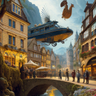 Steampunk cityscape with flying ship, vintage attire, bridges, and flowers