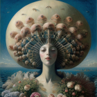 Surreal portrait of woman with blooming flower halo, oversized moon, and serene ocean