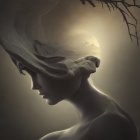 Surreal woman profile with cloud hair, moon, landscape - dream-like concept