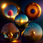 Vibrant surrealistic spheres with fantastical landscapes under twilight sky