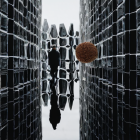 Person in hat between symmetrical buildings with mirror image effect