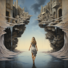 Surreal image of woman walking towards bending cityscape and flying birds