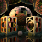 Vibrant 3D landscape with reflective surfaces and ornate structures