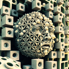 Surreal 3D composition: Skull with geometric shapes and patterns