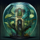 Underwater bubble scene with fish, plants, man, and ornate doorway