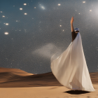 Woman in Flowing White Dress on Sand Dune under Starry Sky