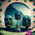 Surreal landscape with skull-shaped structures and lone figure among vibrant flora