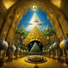 Golden Hall with Ornate Patterns, Floating Orbs, Pyramid Object, and Lush Green Environment