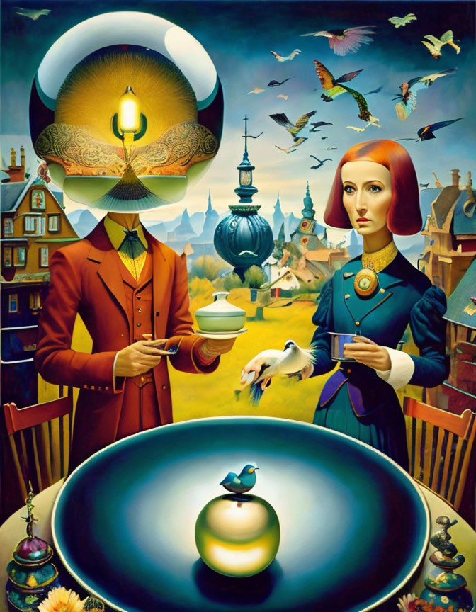 Surrealistic painting featuring man and woman with egg-shaped voids, birds, lantern, apple