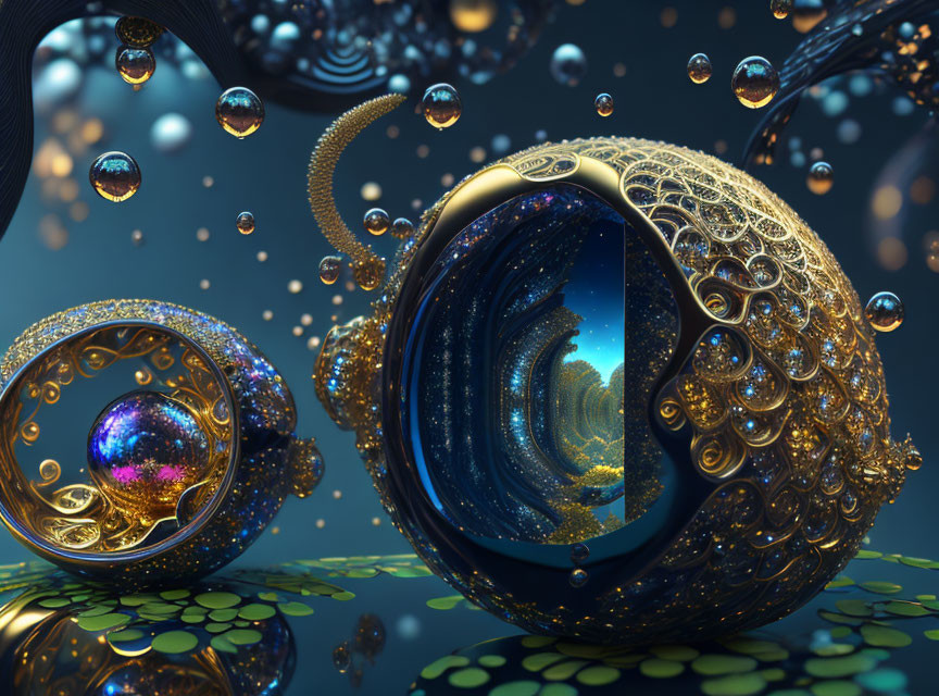 Surreal 3D illustration: Ornate golden fractal spheres, cosmic backdrop, floating dro