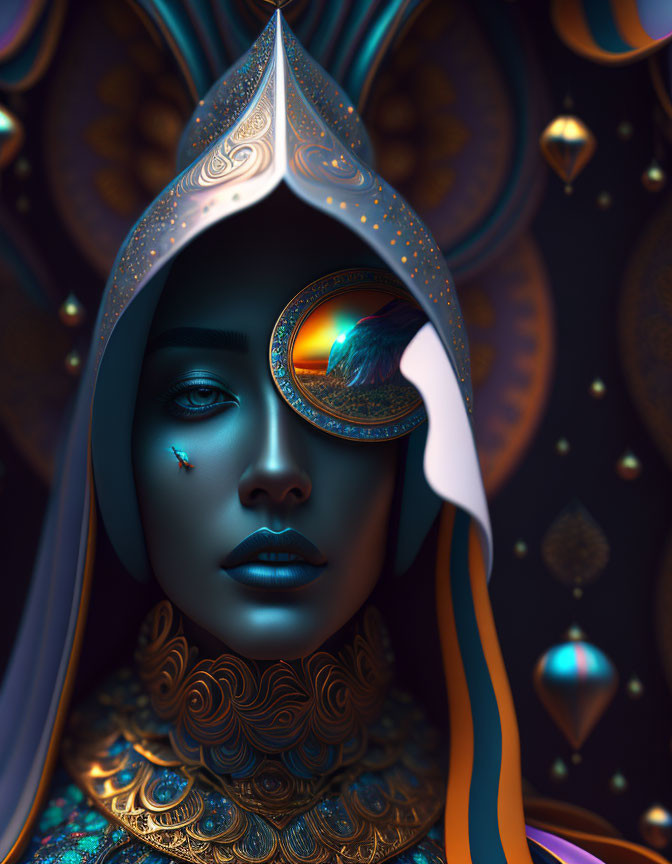 Blue-skinned woman with ornate headdress and mystical eye in celestial setting.