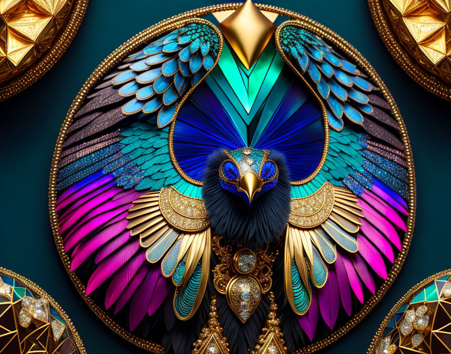 Colorful Stylized Bird Image with Gold and Jewels on Dark Background