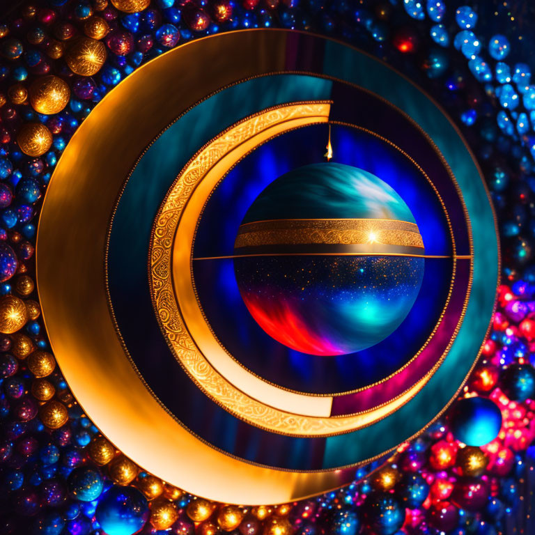 Colorful abstract art with concentric circles and celestial sphere on blue and red orbs.