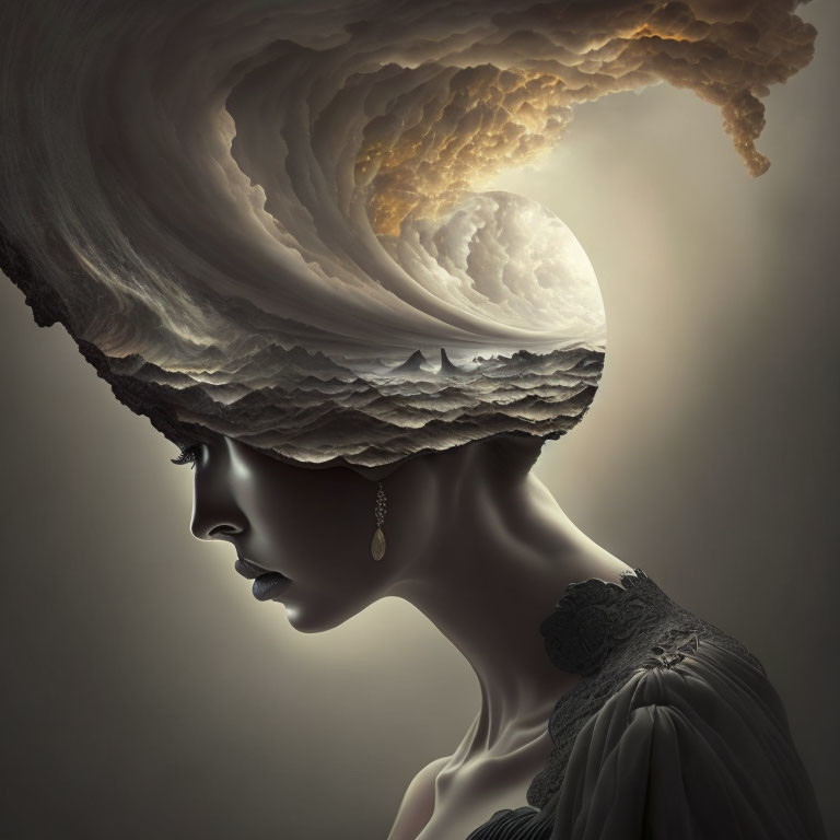 Surreal woman profile with cloud hair, moon, landscape - dream-like concept