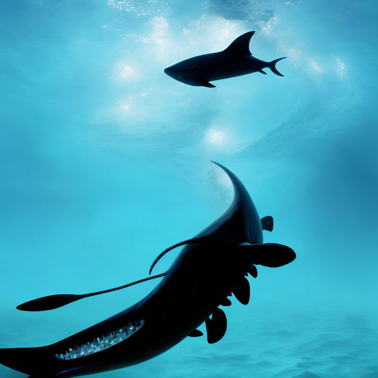 Ocean scene: Two manta rays and shark silhouette