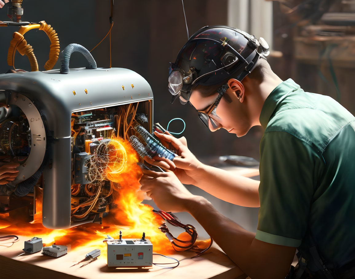 Person in safety goggles works on sparking machine in fiery workshop.