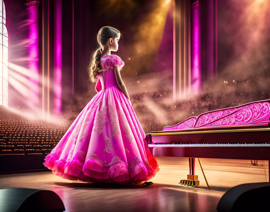 Young girl in pink ball gown on stage with ornate piano