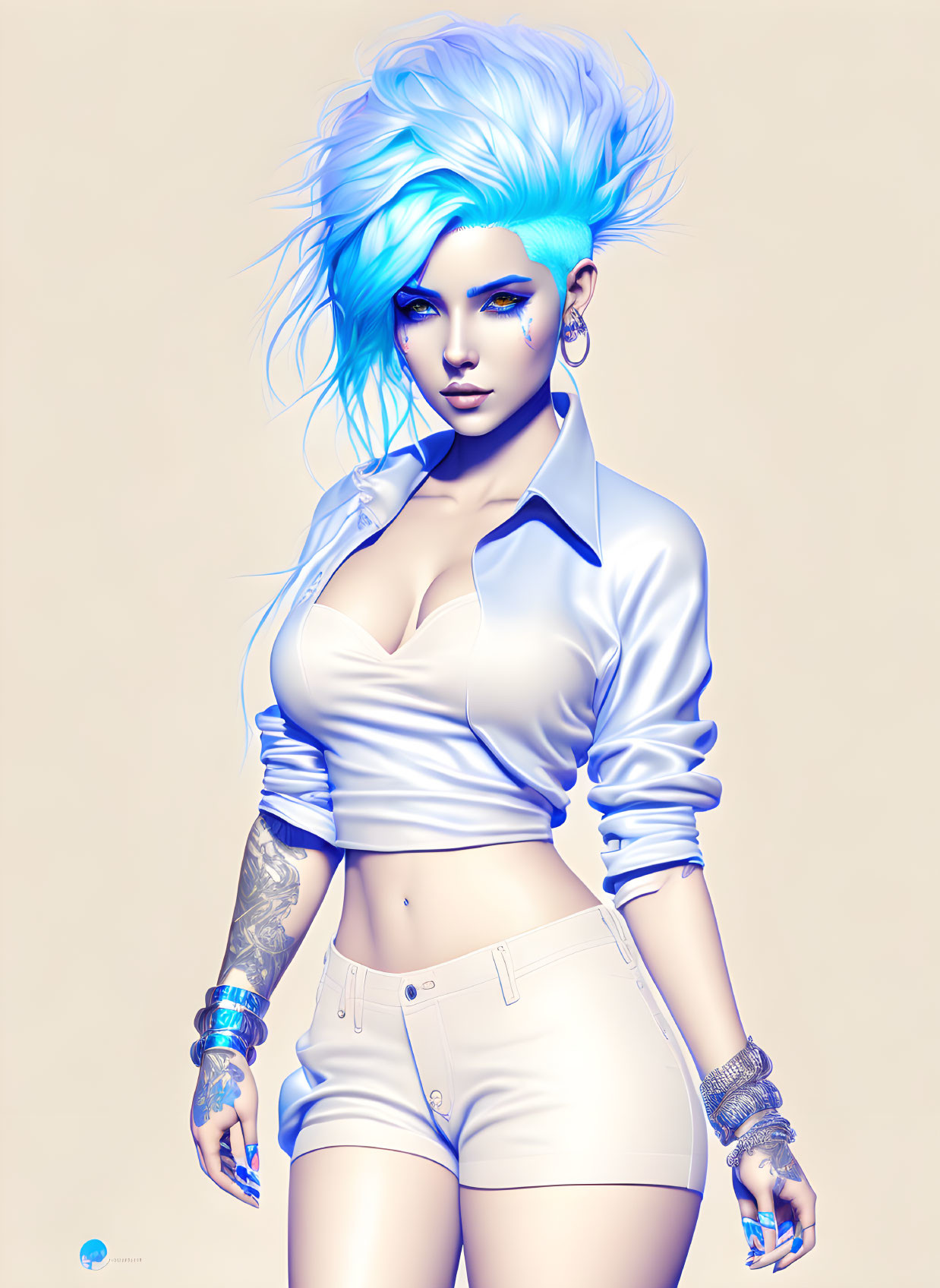 Vibrant blue-haired woman in white shirt and shorts with tattoos