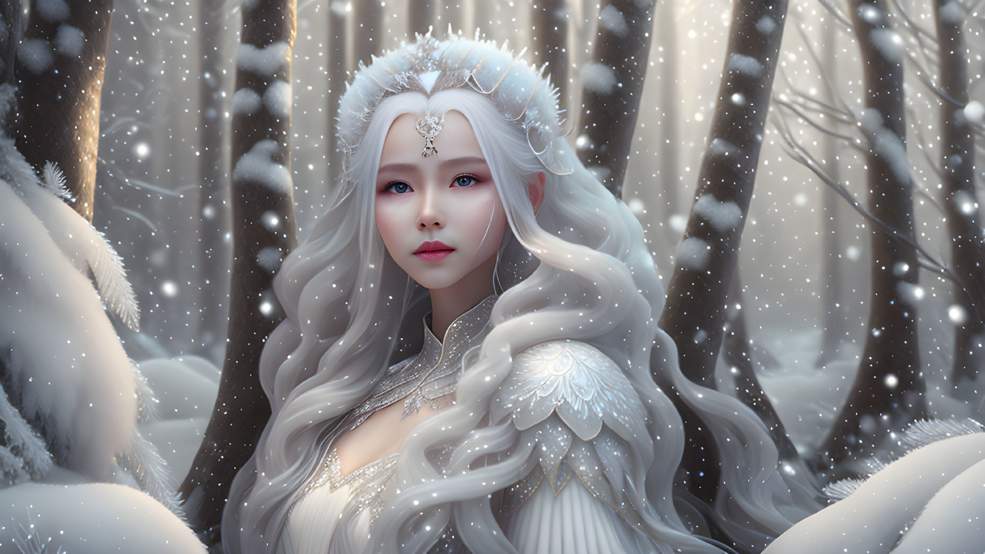 Snow Queen Fantasy Figure with Pale Skin, White Hair, and Crown