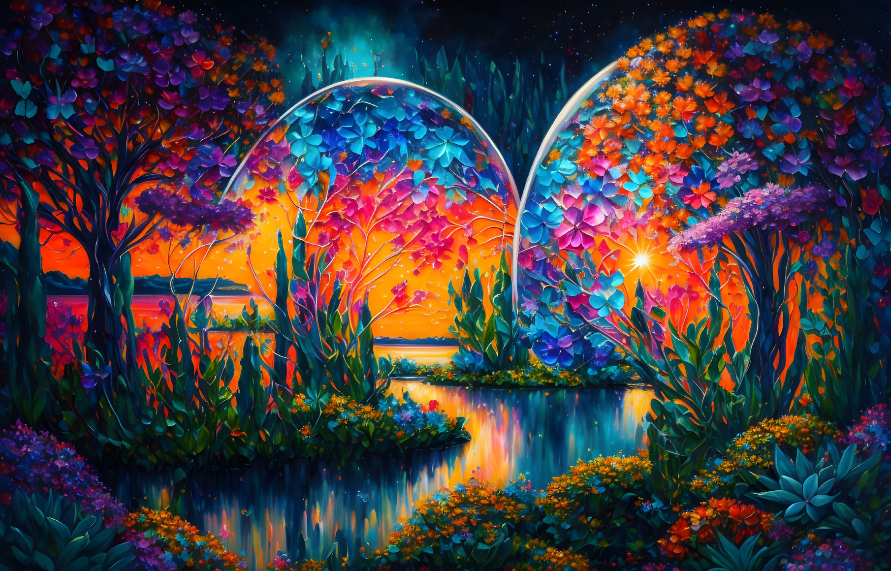 Colorful Landscape Painting: Sunset, Water, Blooming Trees, Glowing Orbs