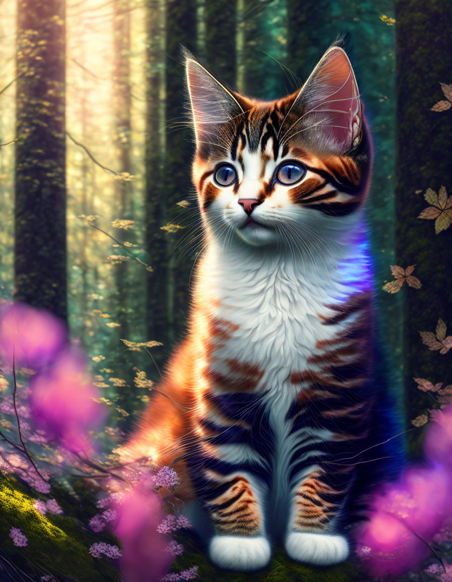 Blue-eyed kitten with brown-striped fur in a sunlit forest among purple flowers